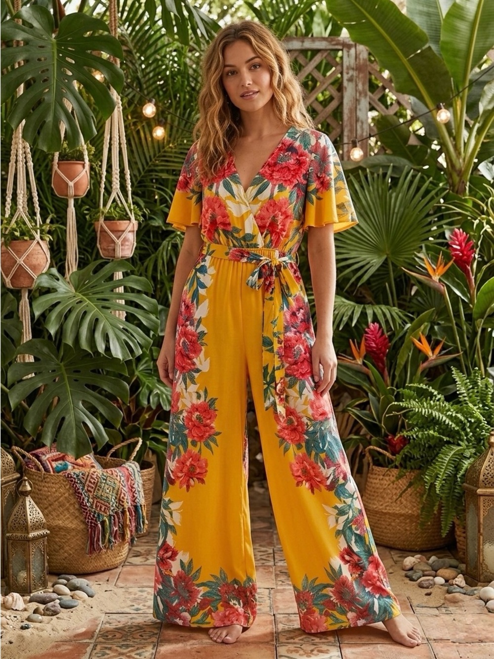 Flying Tomato Yellow Floral Wide Leg Boho Pants Jumpsuit L